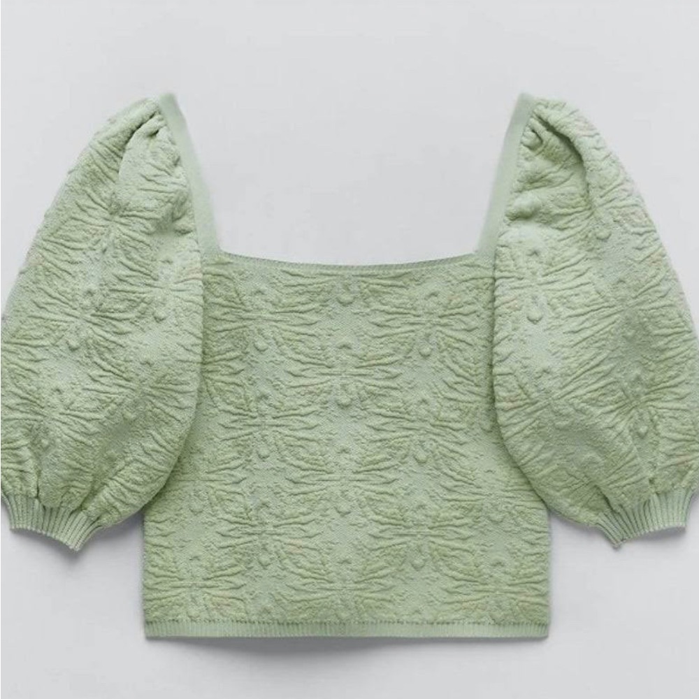 Zara Jacquard Green Puff Sleeve Top